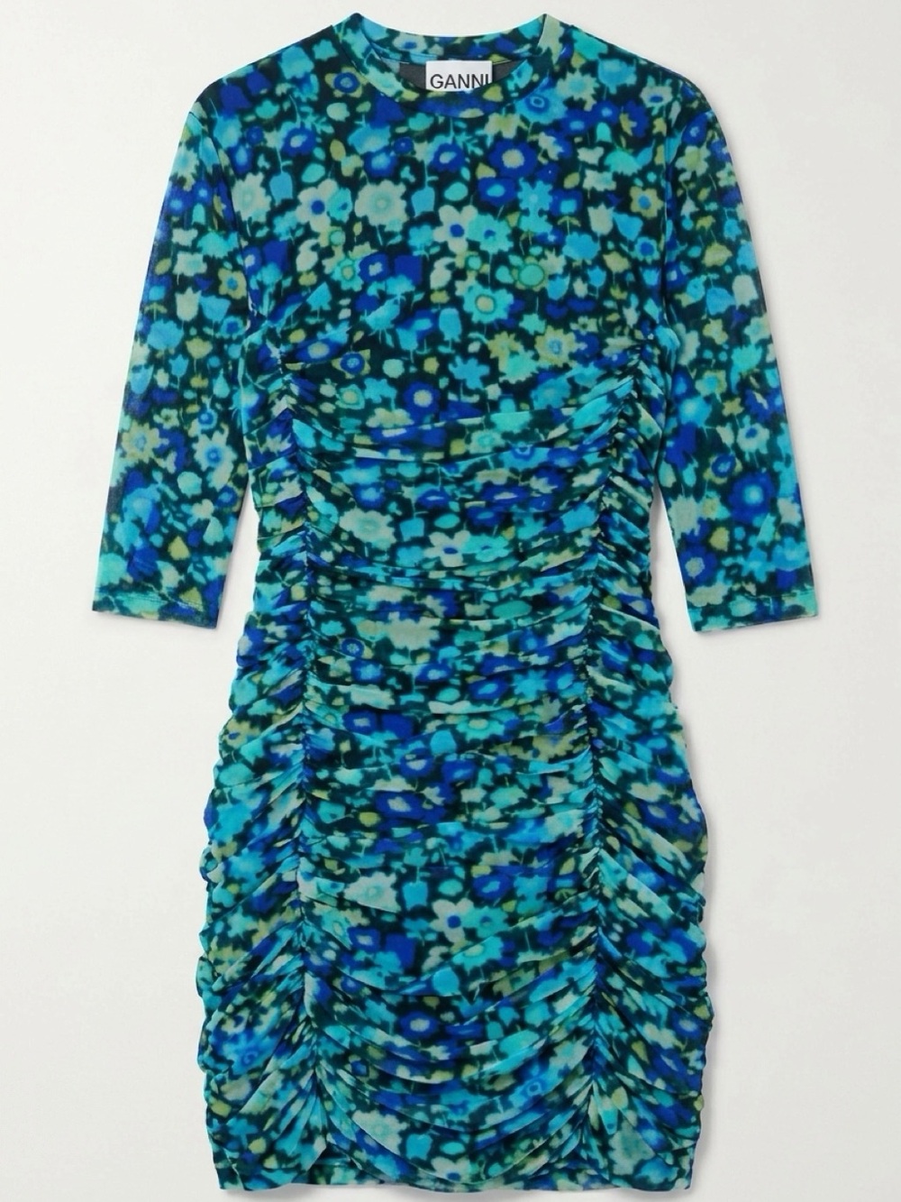 Ganni Blue & Teal Floral Ruched Jersey Mini Dress